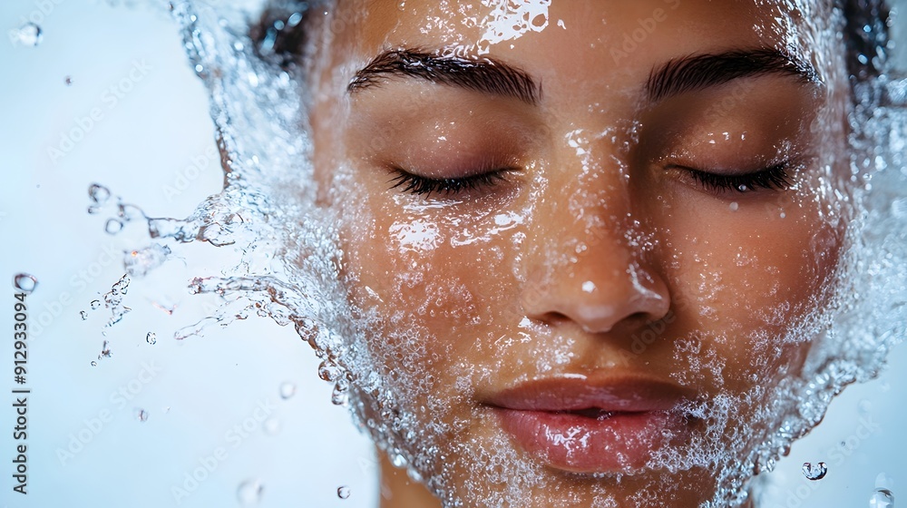 Refreshing Facial Splash - Close-Up of Face Rejuvenated by Water Droplets Refreshing Facial Splash - Close-Up of Face Rejuvenated by Water Droplets