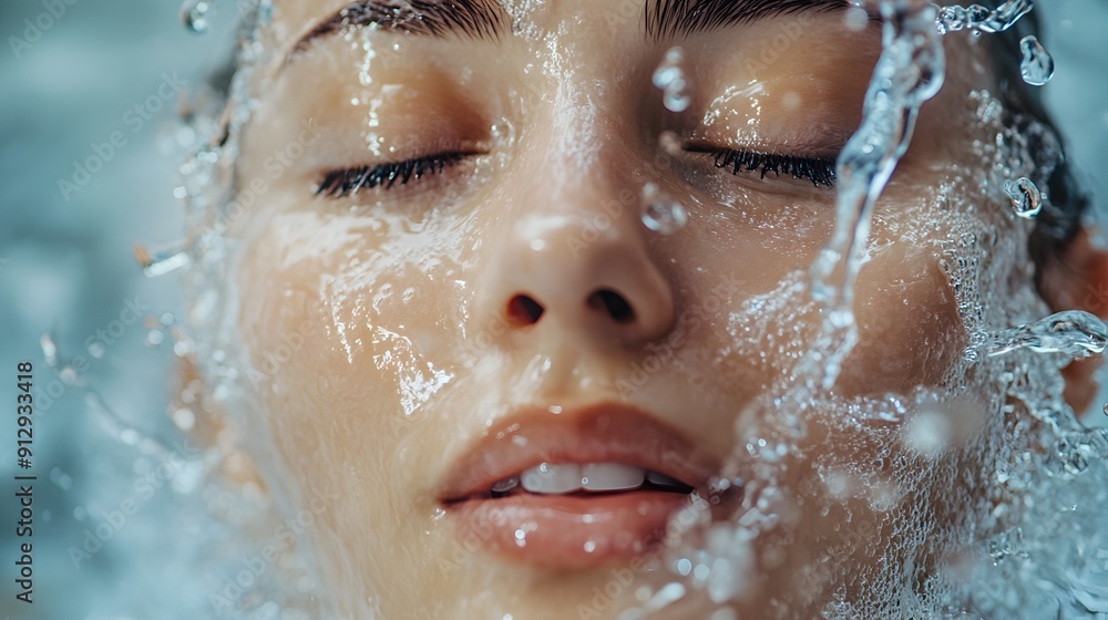 Refreshing Facial Closeup with Water Splash on Glowing Skin in Tranquil Setting Refreshing Facial Closeup with Water Splash on Glowing Skin in Tranquil Setting