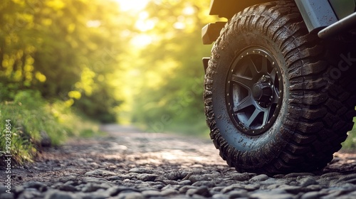 Off road vehicle with big tires on a dirt road in the sunset light. The setting sun casts a warm glow across the scene.