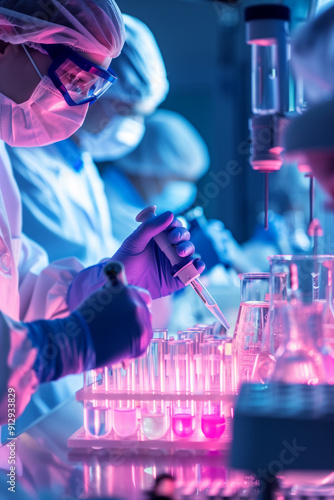 Close-up of scientists in a modern lab conducting virus and bacteria research, using advanced equipment and technology, focused on medical science and microbiology. Generative AI tools