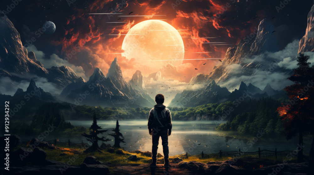 Fototapeta premium Lofi Boy Staring at Night Landscape