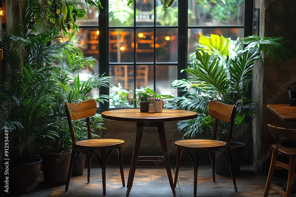 Fototapeta premium Cozy cafe table with chairs, surrounded by lush greenery and a large window.