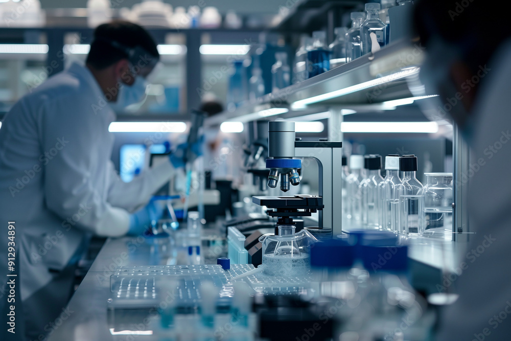 Close-up of scientists in a modern lab conducting virus and bacteria research, using advanced equipment and technology, focused on medical science and microbiology. Generative AI tools