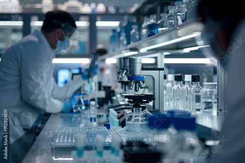 Close-up of scientists in a modern lab conducting virus and bacteria research, using advanced equipment and technology, focused on medical science and microbiology. Generative AI tools