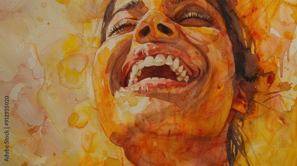 Fototapeta premium Watercolor painting of a joyful woman with a broad smile, expressing happiness and vibrancy through warm orange and yellow hues.