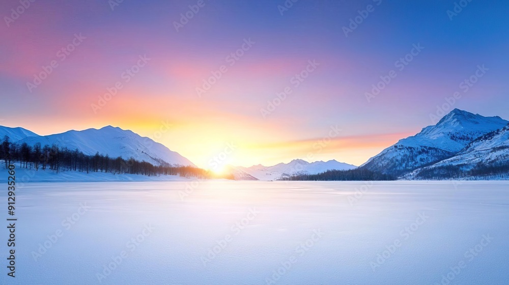 Stunning sunset over a frozen lake with snow-capped mountains in the background. Stunning sunset over a frozen lake with snow-capped mountains in the background.