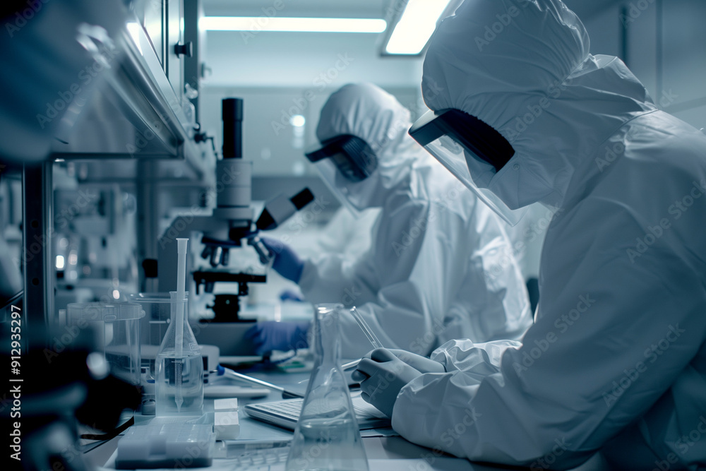 Close-up of scientists in a modern lab conducting virus and bacteria research, using advanced equipment and technology, focused on medical science and microbiology. Generative AI tools Close-up of scientists in a modern lab conducting virus and bacteria research, using advanced equipment and technology, focused on medical science and microbiology. Generative AI tools