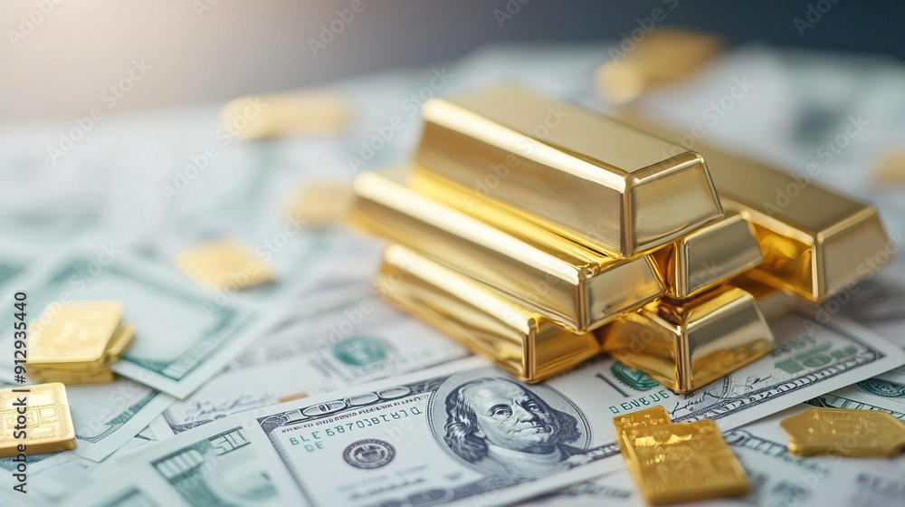 Gold bars and nuggets on a bed of US dollar bills. Gold bars and nuggets on a bed of US dollar bills.