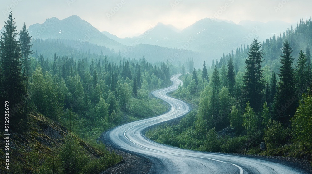 Winding Road Through Lush Pine Forest Leading Towards Majestic Misty Mountains Winding Road Through Lush Pine Forest Leading Towards Majestic Misty Mountains