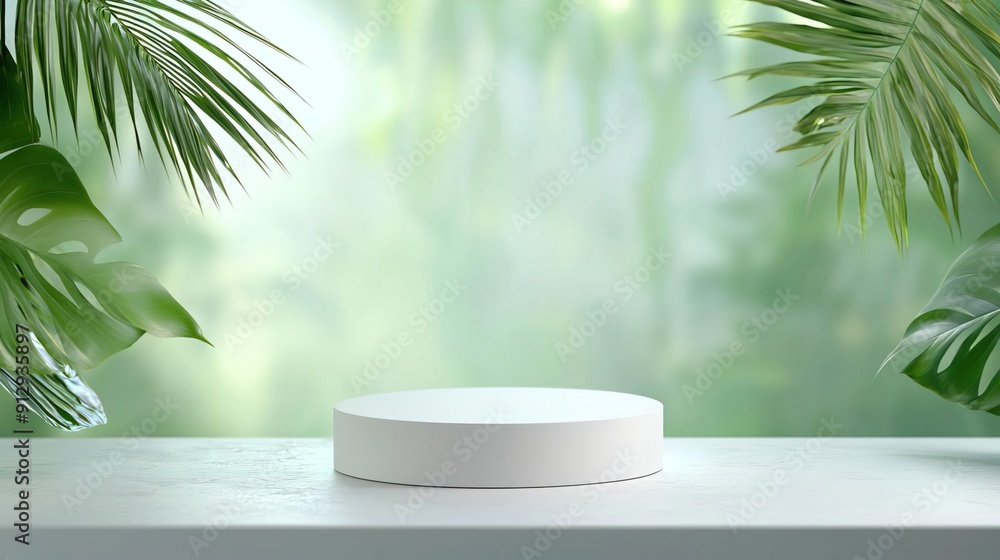 White podium with green tropical leaves backdrop. White podium with green tropical leaves backdrop.