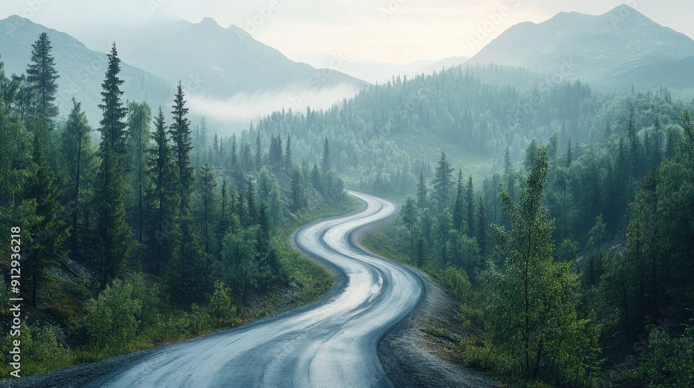 A Serene Winding Road Through a Misty Pine Forest Against a Majestic Mountain Backdrop A Serene Winding Road Through a Misty Pine Forest Against a Majestic Mountain Backdrop