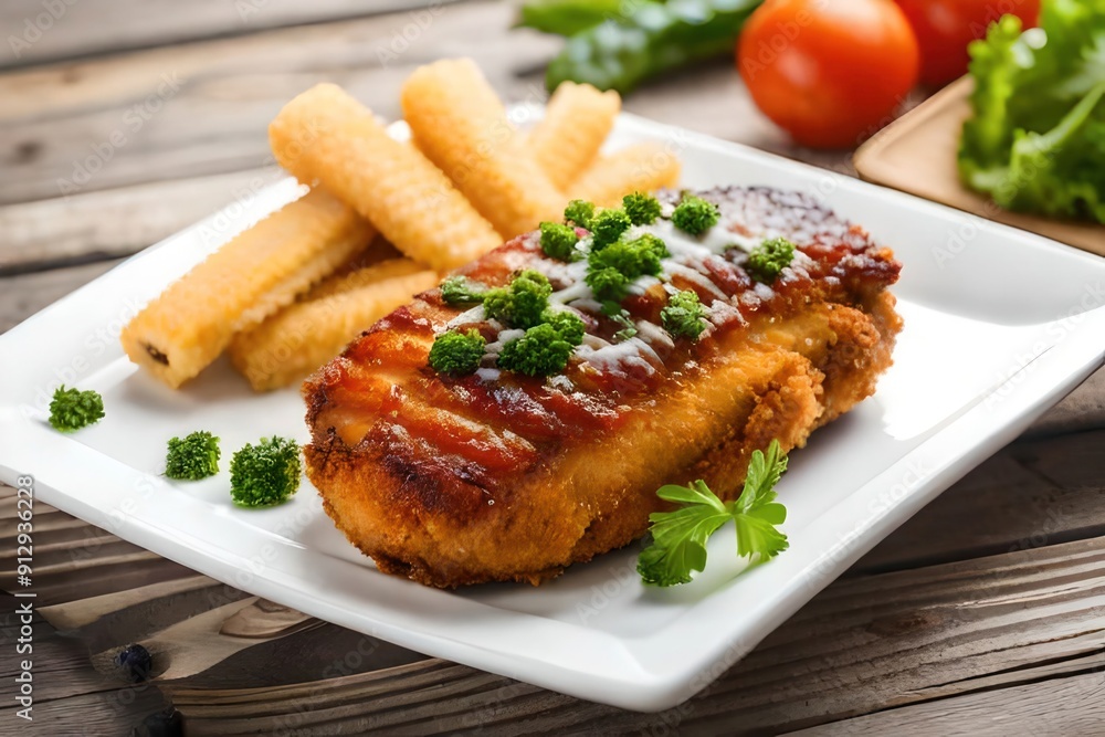 A beautiful image of Fresh piece of crispy fried chicken with salads on the plate restaurant decoration A beautiful image of Fresh piece of crispy fried chicken with salads on the plate restaurant decoration