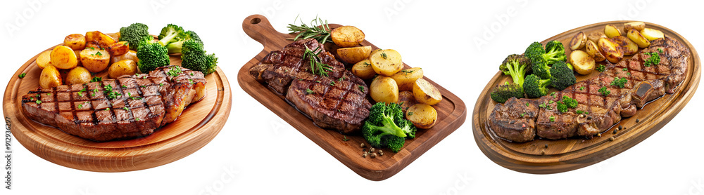 Grilled Steak with Roasted Potatoes and Broccoli on Wooden Platter - A Delicious and Savory Meal Grilled Steak with Roasted Potatoes and Broccoli on Wooden Platter - A Delicious and Savory Meal