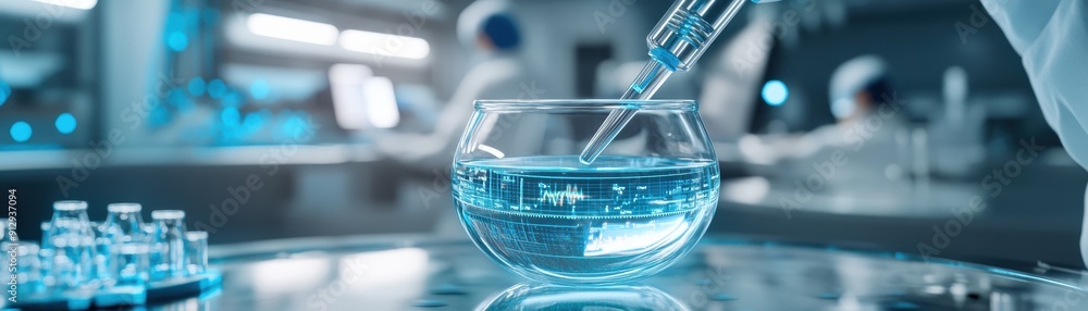 A laboratory scene featuring a scientist adding a liquid sample to a glass bowl, highlighting research and innovation in science. A laboratory scene featuring a scientist adding a liquid sample to a glass bowl, highlighting research and innovation in science.