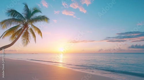 Peaceful tropical beach sunset with palm tree, blue sky, and clear water.