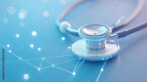 Close-up of a stethoscope on a blue background with a network connection.