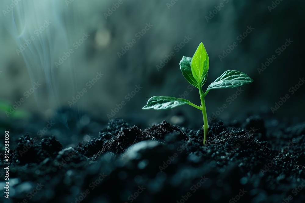 Green Seedling Emerging From Dark Soil Under Soft Natural Light During Early Growth Phase Green Seedling Emerging From Dark Soil Under Soft Natural Light During Early Growth Phase