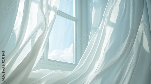 Open window with white curtains gently fluttering in the breeze, captured in a soothing close-up photo