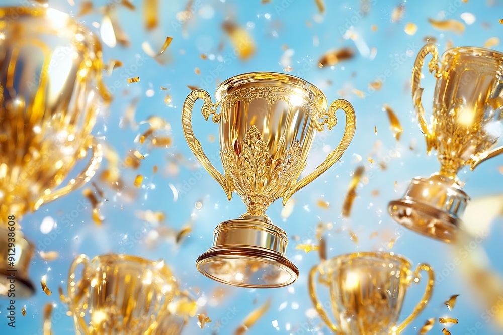 A gold trophy cup with intricate design is surrounded by confetti falling against a bright blue sky. A gold trophy cup with intricate design is surrounded by confetti falling against a bright blue sky.