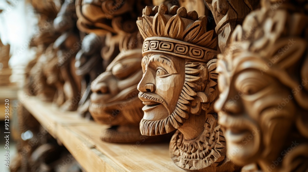 Obraz premium Intricate wooden masks are showcased on a shelf in a Balinese artisan workshop, highlighting traditional craftsmanship and cultural artistry.