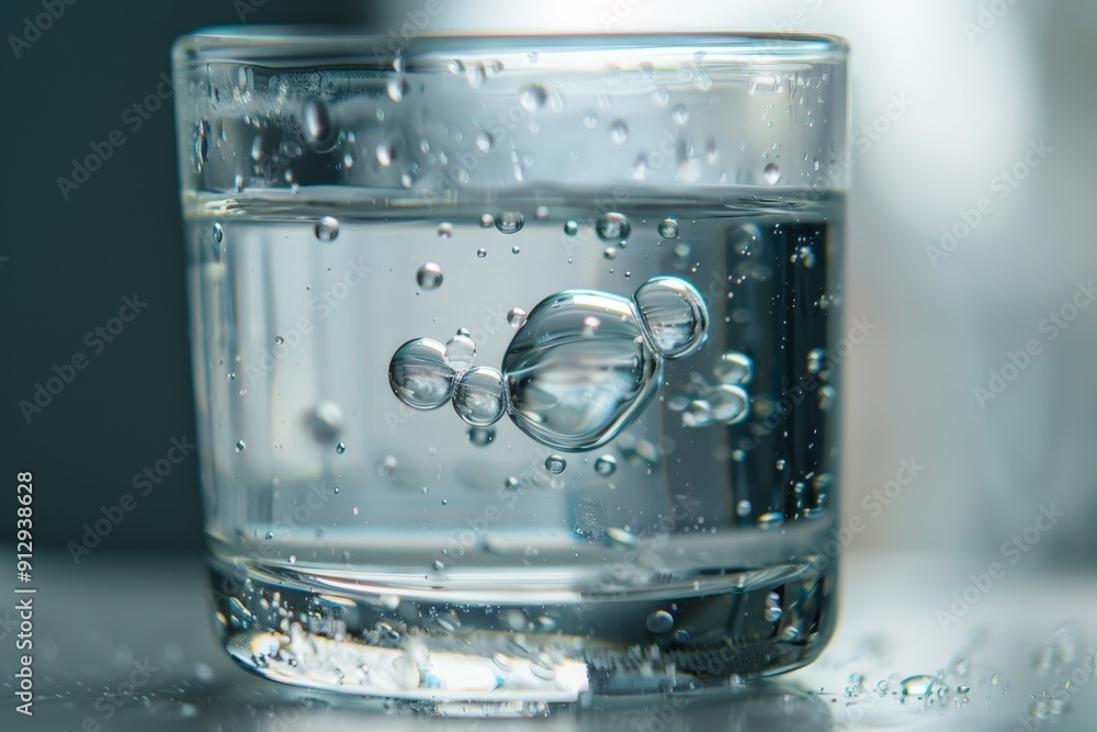 Close-up of a pill dissolving in a glass of water, bubbles clinging to its surface in focus Close-up of a pill dissolving in a glass of water, bubbles clinging to its surface in focus