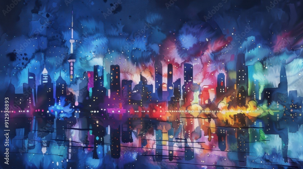 Vibrant and colorful cityscape with a mesmerizing skyline, reflecting brilliantly on the water, illustrating an artistic depiction of urban night life. Vibrant and colorful cityscape with a mesmerizing skyline, reflecting brilliantly on the water, illustrating an artistic depiction of urban night life.