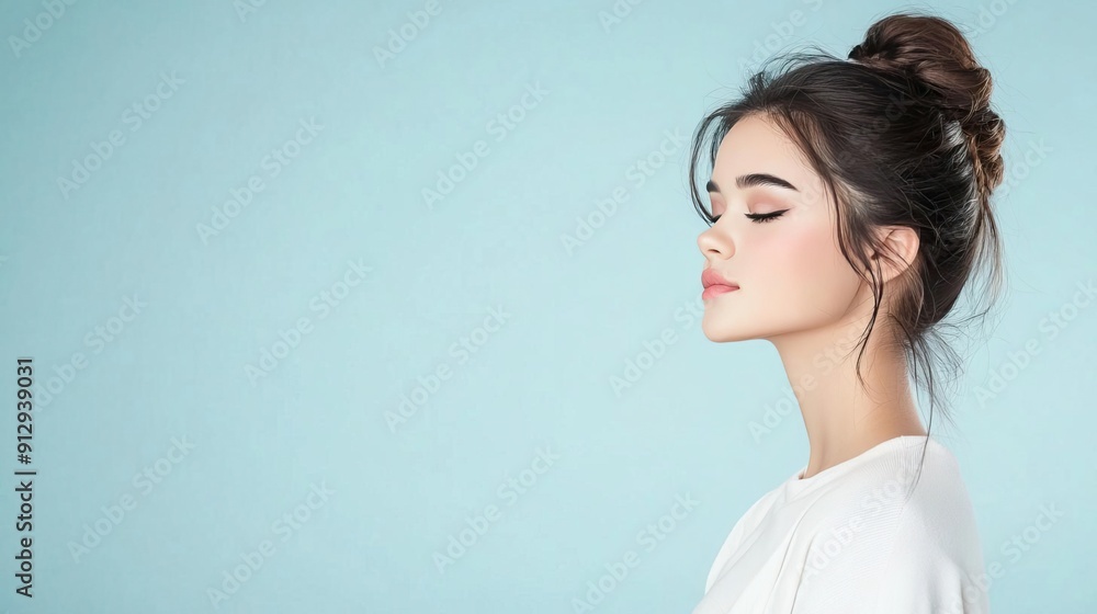 Portrait of a beautiful young woman with natural makeup and hair in a bun. Portrait of a beautiful young woman with natural makeup and hair in a bun.