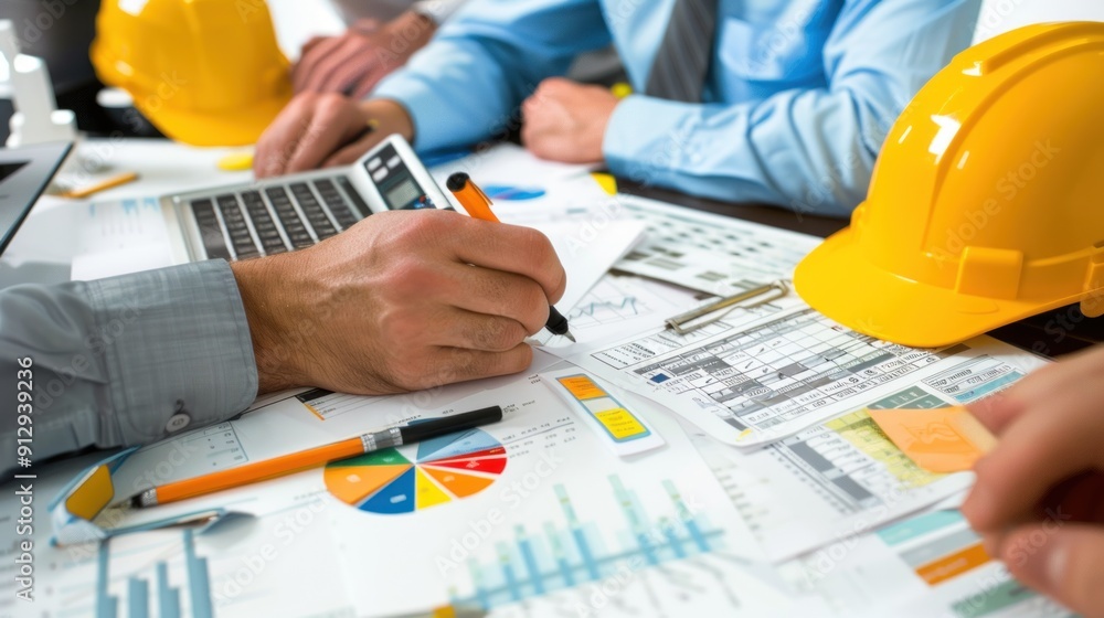Generate a photo realistic image of a construction project team strategizing expense allocations with detailed financial charts and budgeting tools; ensure the image is of high resolution for clear Generate a photo realistic image of a construction project team strategizing expense allocations with detailed financial charts and budgeting tools; ensure the image is of high resolution for clear