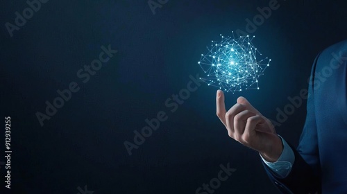 Close up, businessman touching global network and connectivity concept over dark background with digital elements