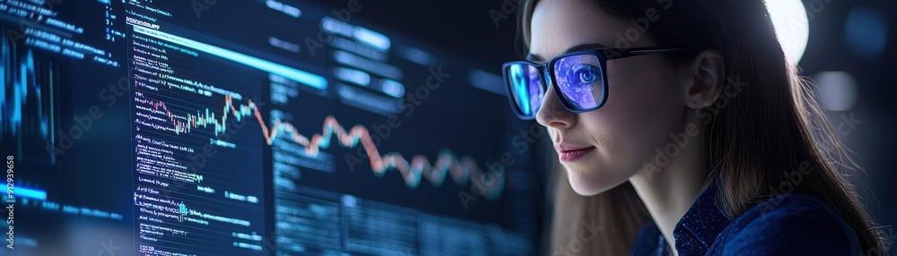 Businesswoman analyzes data with computer screen displaying graphs and statistics, showcasing technology and innovation. Businesswoman analyzes data with computer screen displaying graphs and statistics, showcasing technology and innovation.
