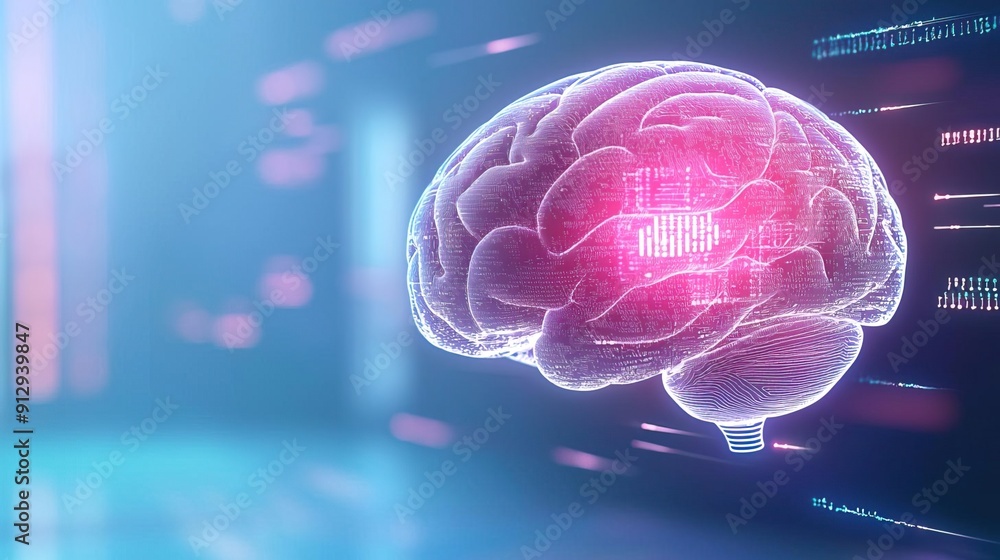 Abstract digital brain with a glowing chip inside, representing artificial intelligence. Abstract digital brain with a glowing chip inside, representing artificial intelligence.