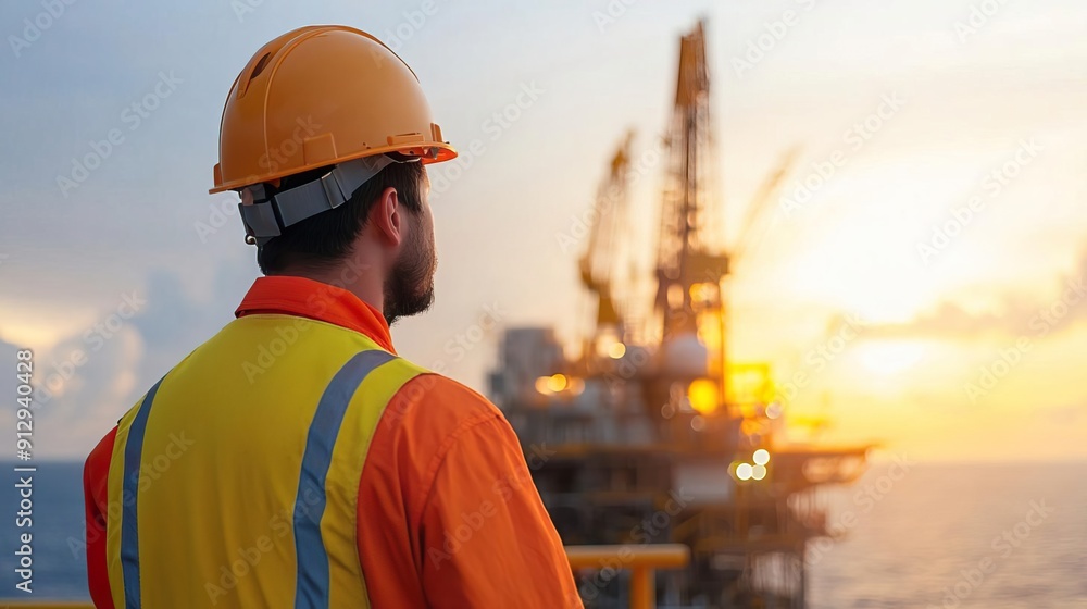 Oil rig worker looking out at the sunset. Oil rig worker looking out at the sunset.