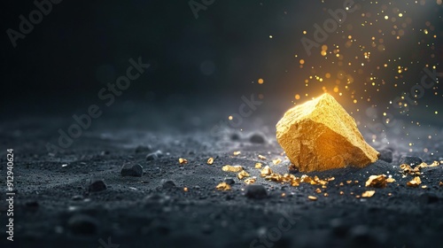Gold nugget on black background with glowing dust.
