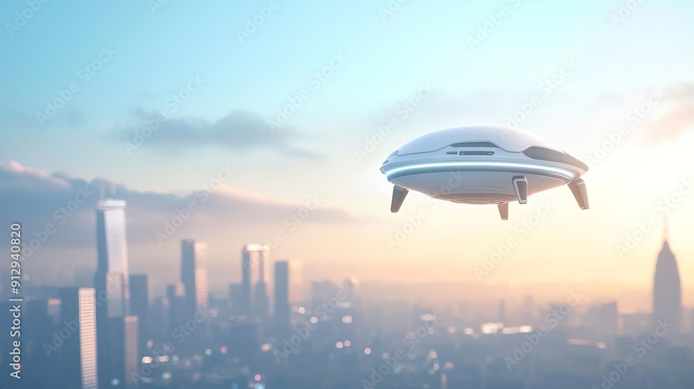 Futuristic flying car hovering over a cityscape at sunset. Futuristic flying car hovering over a cityscape at sunset.