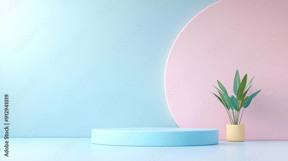 Minimalist blue and pink background with a podium and plant for product display Minimalist blue and pink background with a podium and plant for product display