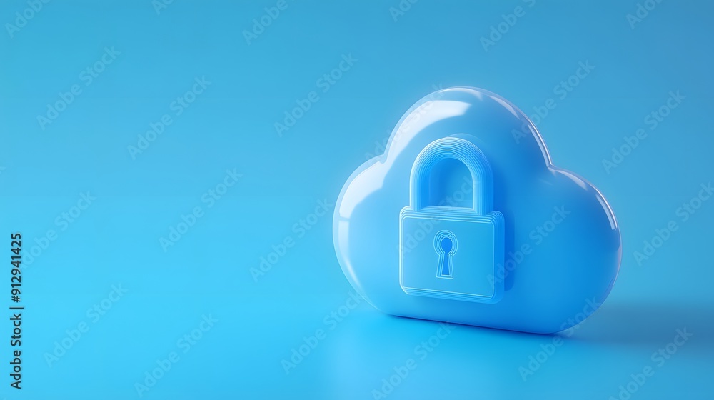 3D illustration of a cloud with a lock symbolizing cloud security on a blue background. Data protection and online privacy concept. 3D illustration of a cloud with a lock symbolizing cloud security on a blue background. Data protection and online privacy concept.