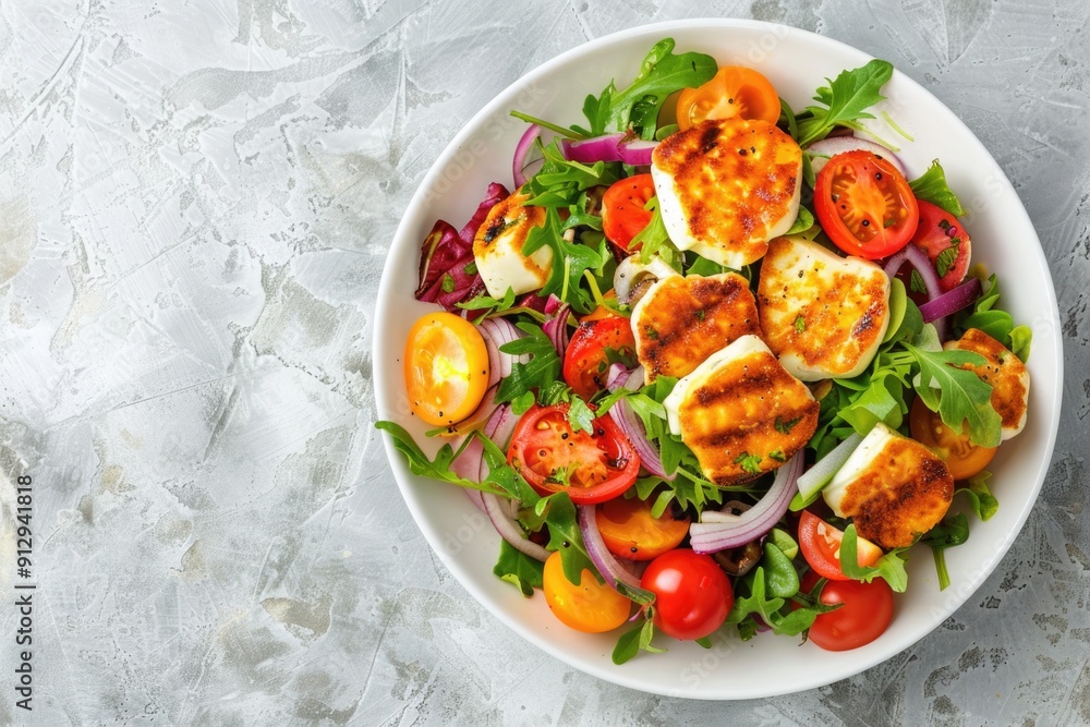 Healthy Salad. Fresh Vegetable Salad with Baked Pepper and Grilled Haloumi Cheese Healthy Salad. Fresh Vegetable Salad with Baked Pepper and Grilled Haloumi Cheese