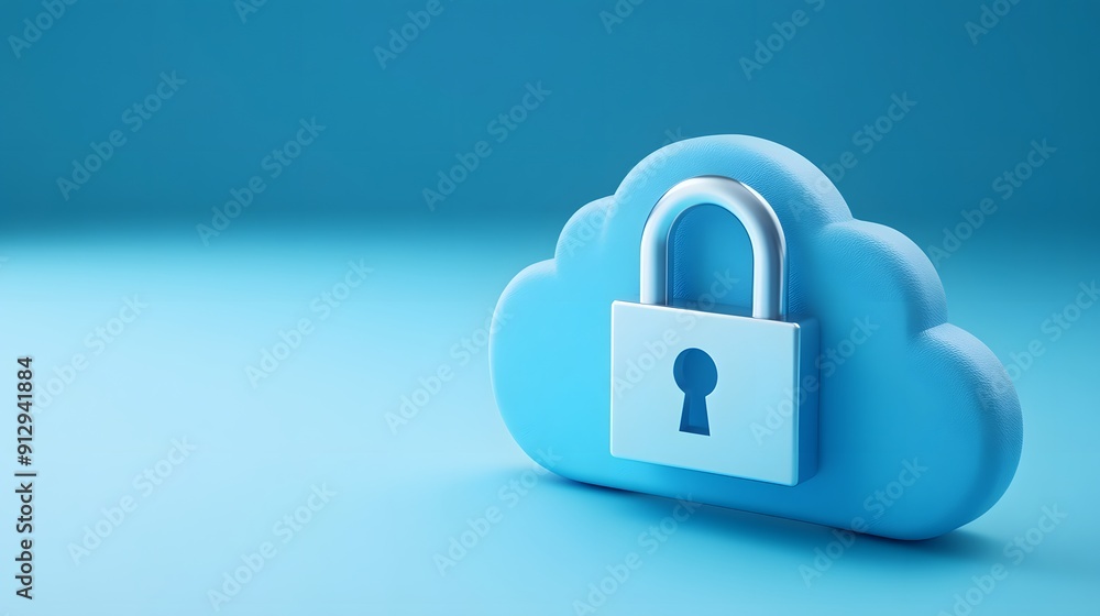 3D illustration of a cloud with a padlock symbolizing cloud security and data protection on a blue background. 3D illustration of a cloud with a padlock symbolizing cloud security and data protection on a blue background.