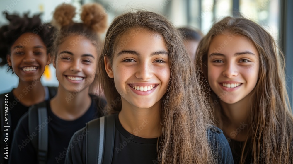 Fototapeta premium Group of happy teenage girls smiling together