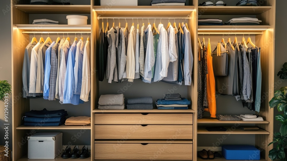 Stylish wardrobe with open doors and neatly organized shelves Stylish wardrobe with open doors and neatly organized shelves