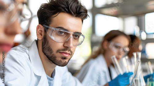 Scientist in a chemistry lab with flasks and other labware. Research and development concept for medical, biotechnology, molecular biology or chemistry research and development. Illustration.