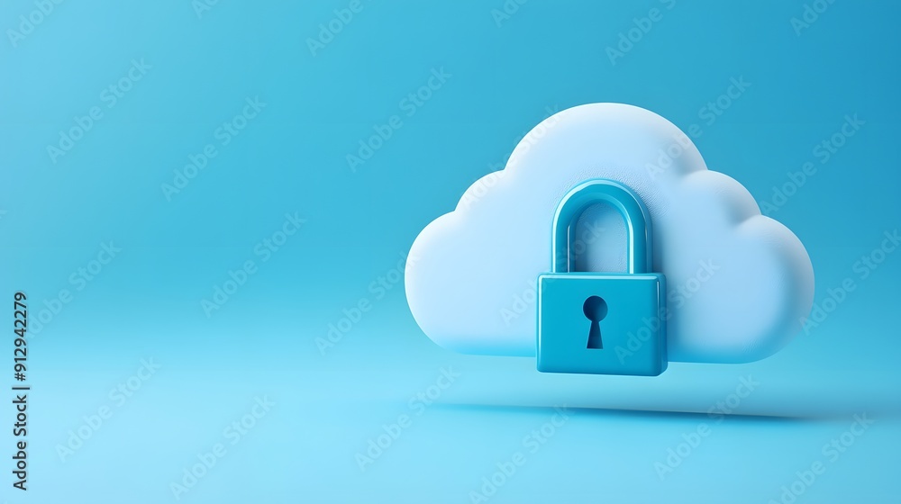 3D illustration of a cloud with a padlock, symbolizing cloud security and data protection in a blue background. 3D illustration of a cloud with a padlock, symbolizing cloud security and data protection in a blue background.