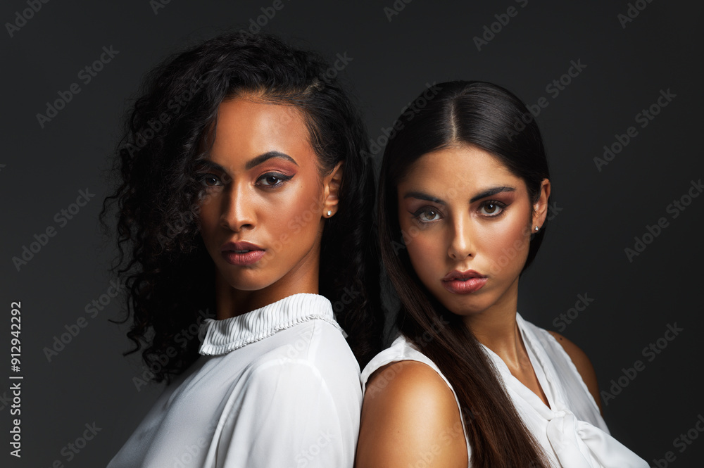 Makeup, business and portrait of women in studio for creative careers as beauty consultant and fashion designer. Serious, face and black background with team in cosmetic industry for aesthetic Makeup, business and portrait of women in studio for creative careers as beauty consultant and fashion designer. Serious, face and black background with team in cosmetic industry for aesthetic