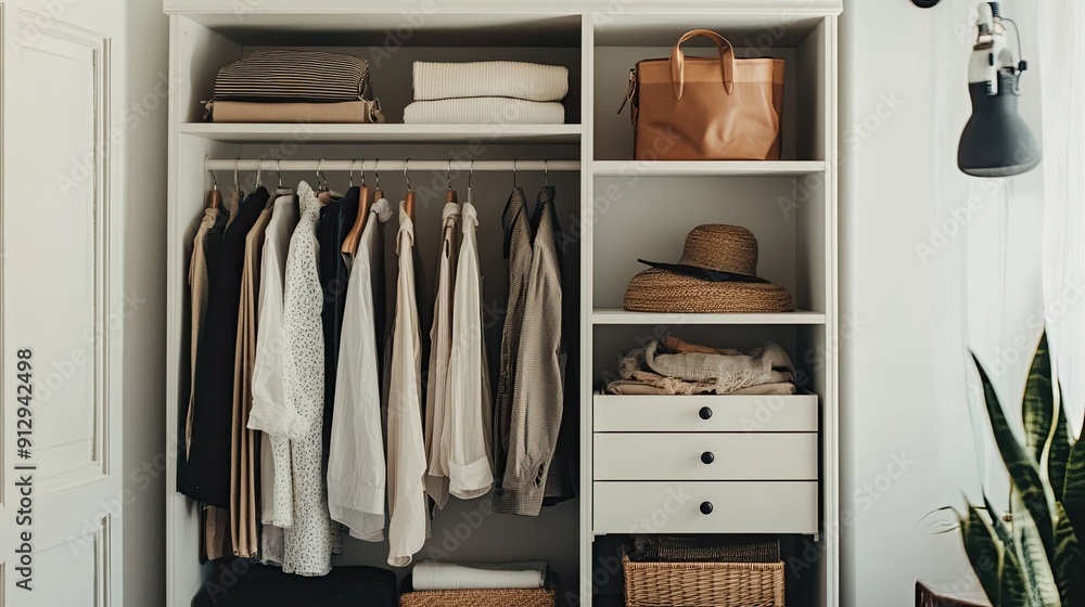 Stylish white wardrobe with open shelving and organized items Stylish white wardrobe with open shelving and organized items