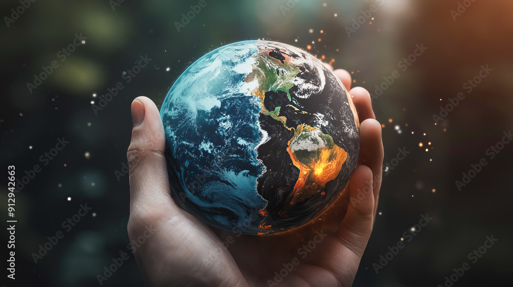 Earth in human hands on dark background. Earth view is half normal and half damaged. Climate crisis concept, global problems Earth in human hands on dark background. Earth view is half normal and half damaged. Climate crisis concept, global problems