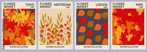 Vintage autumn Flower Market posters with colorful fall leaves. Trendy botanical wall arts with autum leaves. Modern naive funky interior decorations. Vector art.
