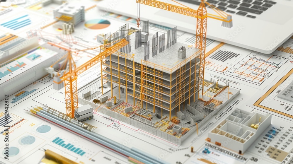 Generate a photo realistic image of a construction project with a detailed expense forecast showing financial charts and budget allocations; ensure the image is of high resolution for clear Generate a photo realistic image of a construction project with a detailed expense forecast showing financial charts and budget allocations; ensure the image is of high resolution for clear