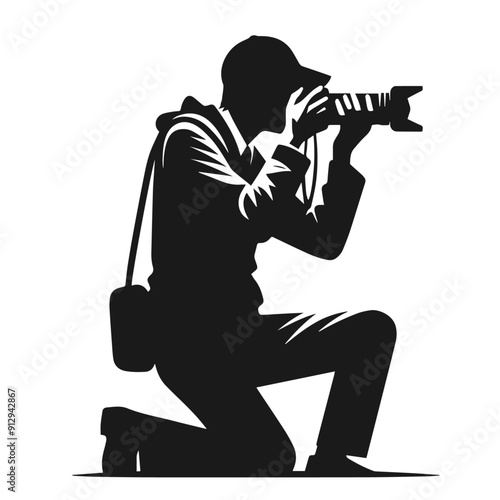 Black and white vector silhouette of a cameraman isolated on white background