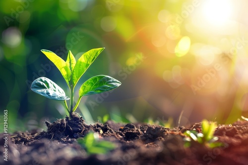 Newly Sprouted Plant Emerging From Fresh Soil Under Bright Sunlight in a Lush Garden Setting