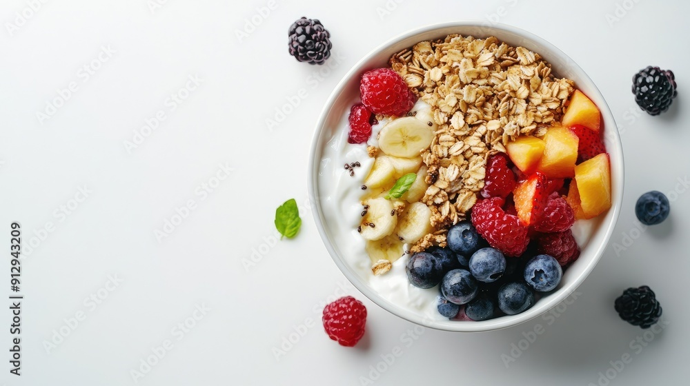 Top-down view of a wholesome breakfast bowl with Greek yogurt, granola, and colorful mixed fruits on a white background Top-down view of a wholesome breakfast bowl with Greek yogurt, granola, and colorful mixed fruits on a white background